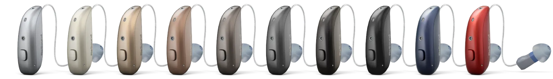 Gama de acabados disponibles de audífono retroauricular, del plata al negro