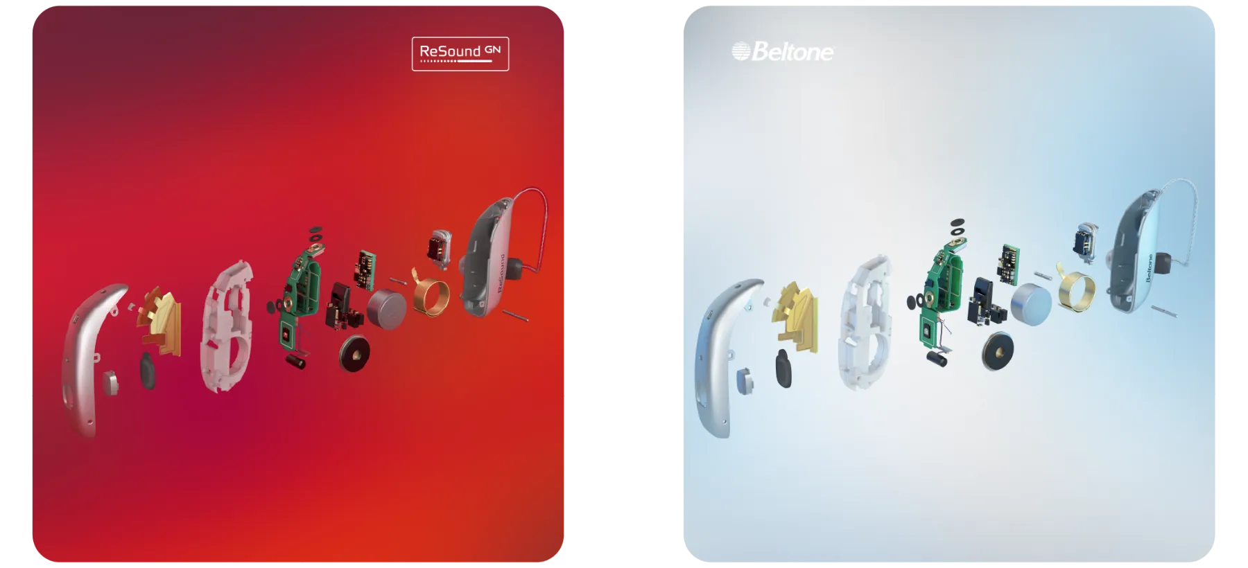 Audífonos ReSound y Beltone mostrados en despiece