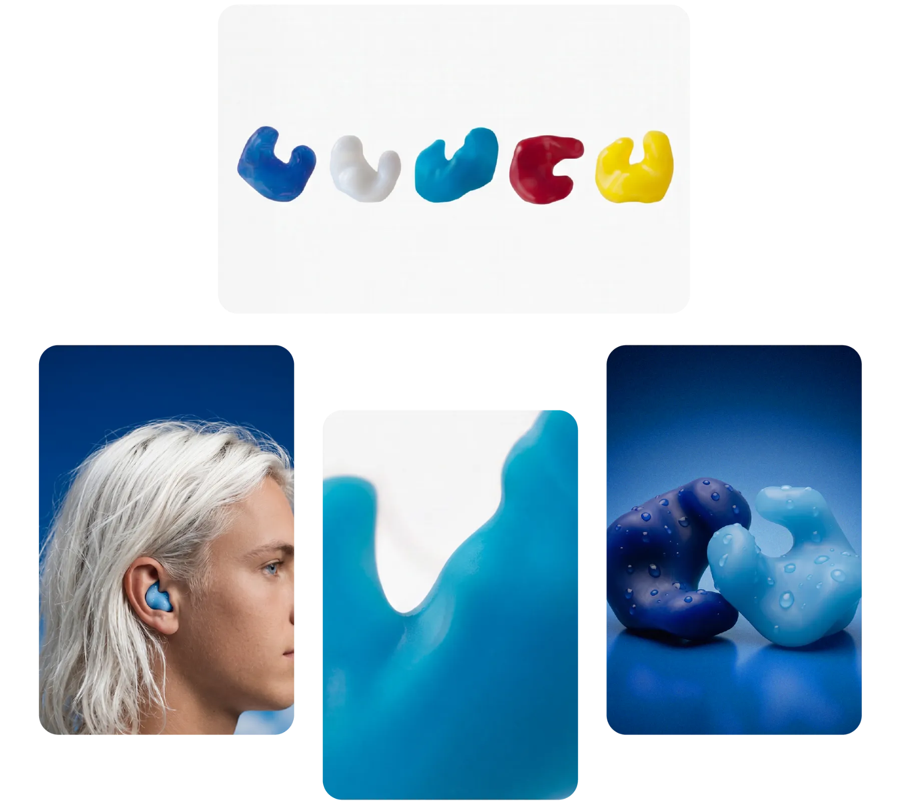 Moldes y tapones a medida de distintos colores, y uno colocado en la oreja