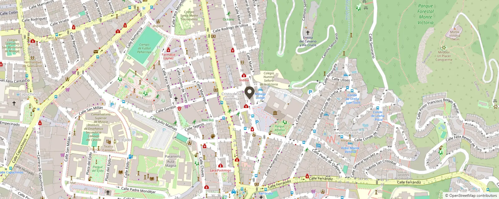 Plano de las calles alrededor del centro, en el barrio Cristo de la Epidemia de Málaga, con nuestra ubicación marcada