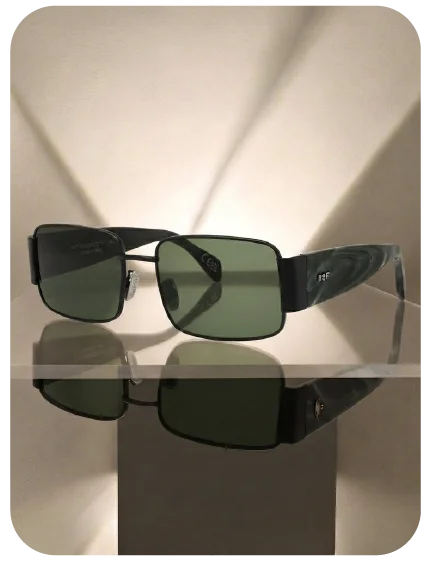 RSF de sol rectangular en metal negro con varilla de acetato verde jaspeado